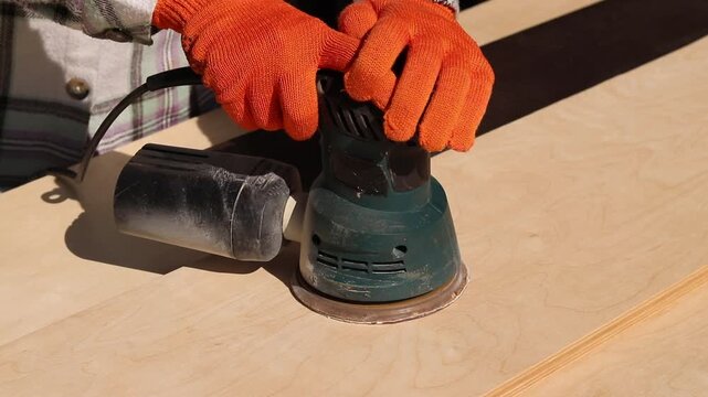 Worker sands wooden surface with random orbital sander. Professional craftsman in protective orange gloves uses orbital sander for finishing plywood. Close-up of woodworking process in workshop