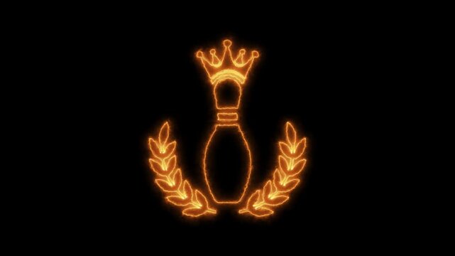 Glowing Orange Neon Line Animation Of A Royal Bowling Pin Wearing A Crown Surrounded By A Laurel Wreath For Champion Awards And Tournament Titles