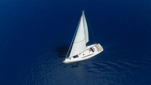 Sleek sailboat gliding smoothly across deep blue ocean waters under clear sky