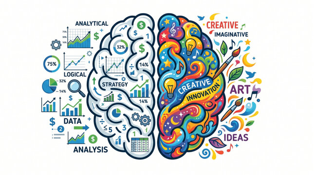 Human brain divided into logical and creative hemispheres with symbols.