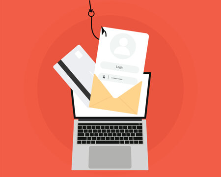 Online Phishing Attack and Cyber Crime Concept with Fishing Hook Stealing Login Password and Credit Card Information from Laptop Screen Vector Illustration
