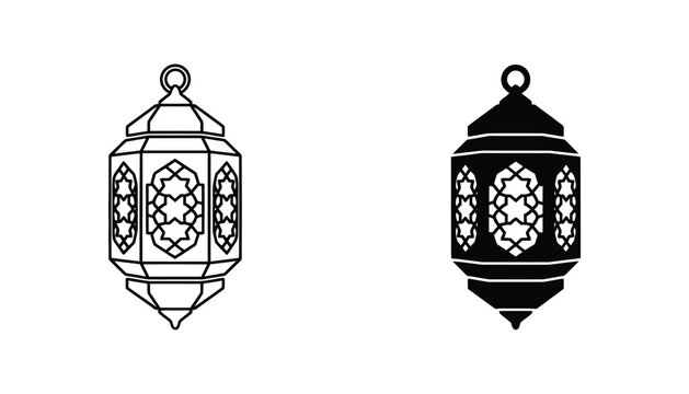 Ornate middle eastern lantern icon set with geometric patterns in line art and solid black silhouette for Ramadan and cultural celebration design