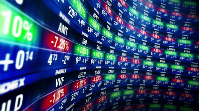 Stock market trading floor with people working, screens displaying data, busy atmosphere, fast-paced