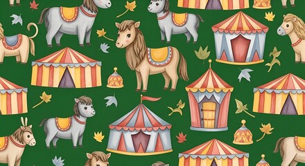 Naklejka premium Circus horses and tents seamless pattern, cartoon style, children illustration