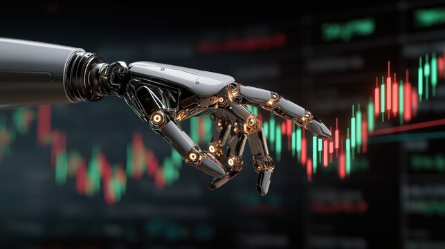 Automated fintech and AI decision intelligence for trading optimization, humanoid robot interacting with financial data