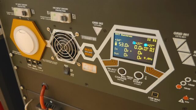 An uninterruptible power supply and hybrid grid-tie inverter is the intelligent center of a modern energy system, controlling solar panels, a wind turbine, and a fuel generator. Closeup