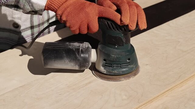 Worker sands wooden surface with random orbital sander. Professional craftsman in protective orange gloves uses orbital sander for finishing plywood. Close-up of woodworking process in workshop