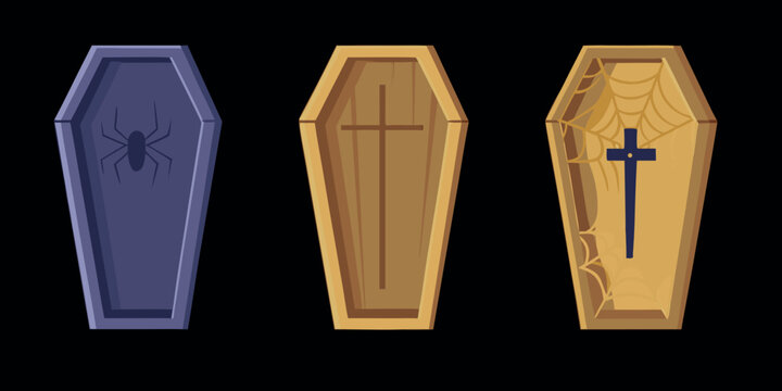 stylized coffins with spider and cross vector illustration on black