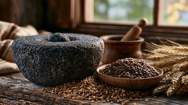 Ancient stone quern and handheld milling tools arranged beside piles of einkorn and khorasan wheat berries in golden hour light streaming through a barn window, perfect for heritage grain, ancient m