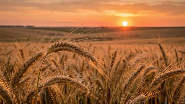 Golden wheat spikelets glowing under sunset rays, vast rural farmland landscape, rich agricultural harvest concept, warm summer countryside atmosphere, 4K video