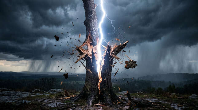 Lightning splits the tree trunk, The tree is struck by lightning, The thunderstorm damages the tree.