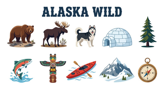 Alaska Wild Collection of Iconic Symbols and Wildlife.