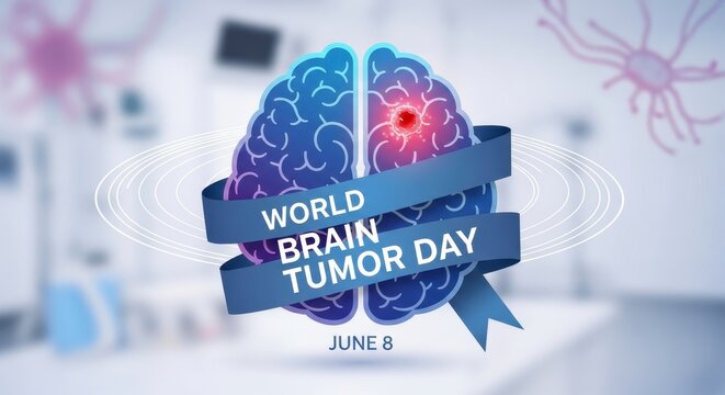 World Brain Tumor Day awareness ribbon badge with date June 8 on light background