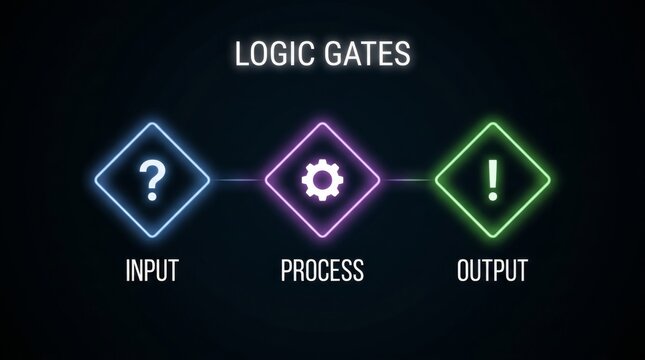 Logic gates infographic diagram showing input process and output stages with glowing neon rhombus symbols and futuristic technology icons on dark background
