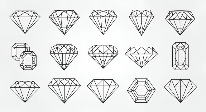 Diamond Icons Set: Various Cuts and Styles, Line Art Graphics