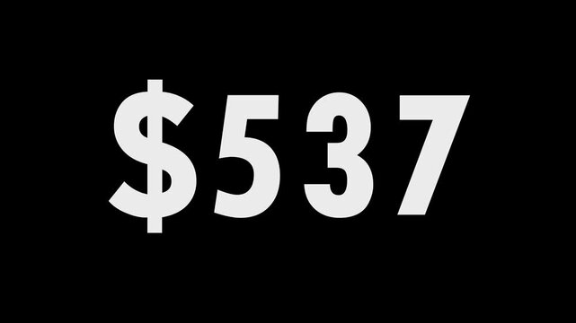 A fast-paced digital animation showing a monetary counter rapidly increasing and stopping at the $1,000 milestone. Featuring high-contrast white typography on a clean black background for easy overlay