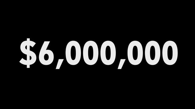 A clean and dynamic digital typography animation showing a currency counter rapidly increasing and stopping at exactly ten million dollars ($10,000,000). Set against a solid black background.