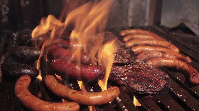 On a grill, fire comes out cooking the meat, the chorizo, and the blood sausage. Everything is made of iron, greasy, brown-colored, and there are large grains of salt all over the grill.