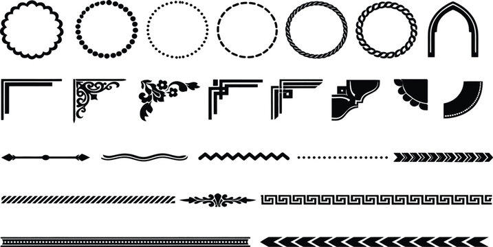 Decorative borders present an organized selection of ornate frames, corner ornaments, and horizontal dividers to enhance professional document layouts.