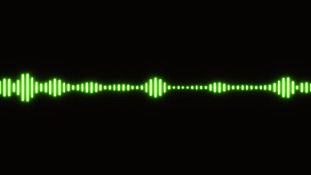 Animated green glowing audio equalizer bars reacting to sound and music with varying vertical levels. A seamless waveform visualization element on a solid black background