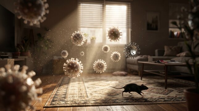 Hantavirus Air Contamination Concept - Rodent Running Across Living Room Floor with Microscopic Virus Cells Floating in Sunbeams