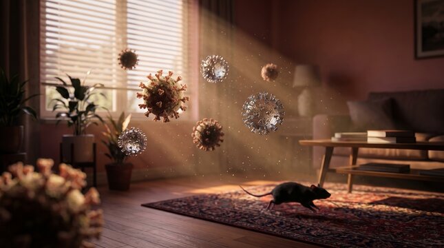 Hantavirus Air Contamination Concept - Rodent Running Across Living Room Floor with Microscopic Virus Cells Floating in Sunbeams