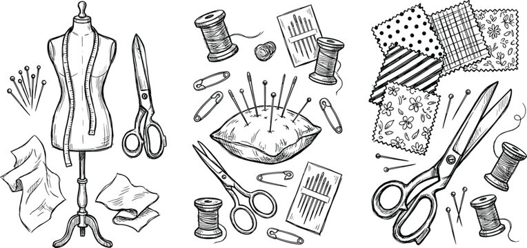 Black and White Sketch Style Sewing and Tailor Tools Set with Mannequin Scissors Needles and Fabric Vector
