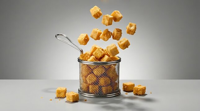 Potongan tahu krispi berbentuk dadu melayang dari keranjang penggorengan kawat melambangkan kreativitas kuliner vegan dan energi makanan modern