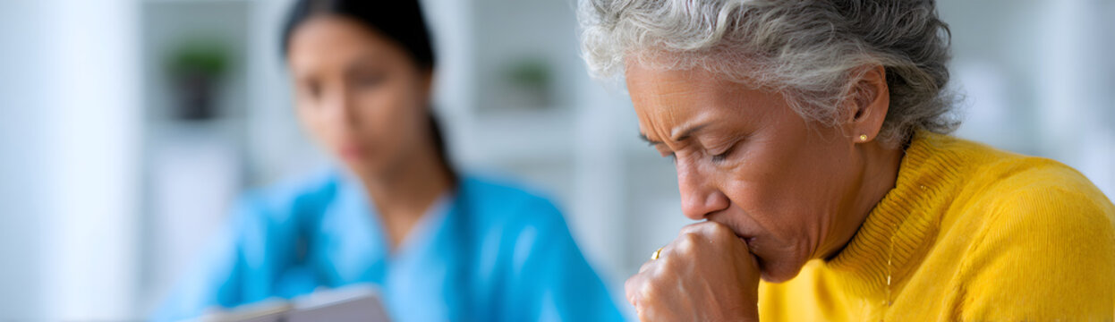 Elderly woman with concerned expression talking to healthcare professional