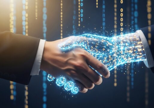 Digital transformation concept human handshake with futuristic robotic hand binary code