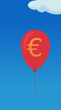 Animated red balloon with euro sign flying in the blue sky, symbolizing inflation, economic growth and financial markets. (loopable)