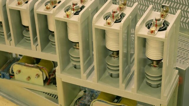 Ceramic insulators and transformers in high-voltage equipment are presented at the exhibition. Closeup. Shot in motion 