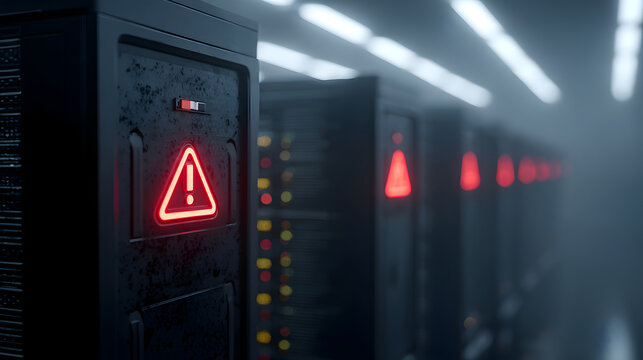 Warning signs on computer server racks in a dark data center room