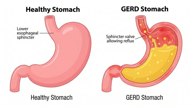 Healthy vs gerd stomach illustration with esophageal sphincter detail