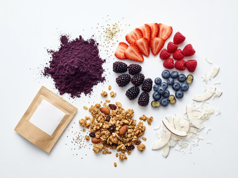 Deconstructed Acai Bowl with Berry Slices, Granola, and Coconut Flakes on White Background &ndash; Healthy Superfood Subscription Box Style