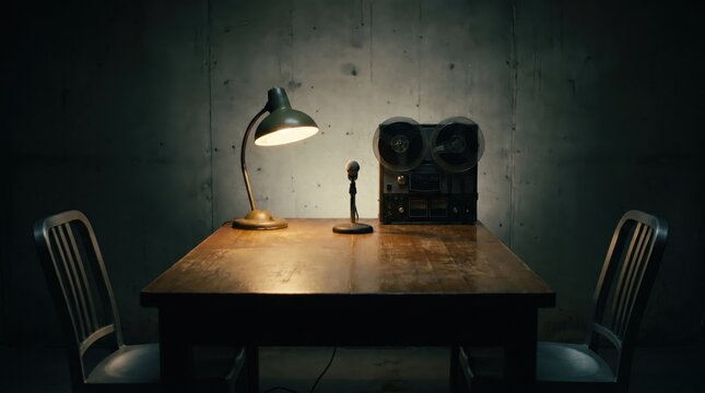 Empty interrogation room with table lamp and recording equipment silhouette in dark cinematic atmosphere with realistic true crime documentary mood and subtle tension