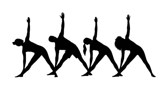 Black silhouettes of women in various yoga poses isolated on transparent background, Vector