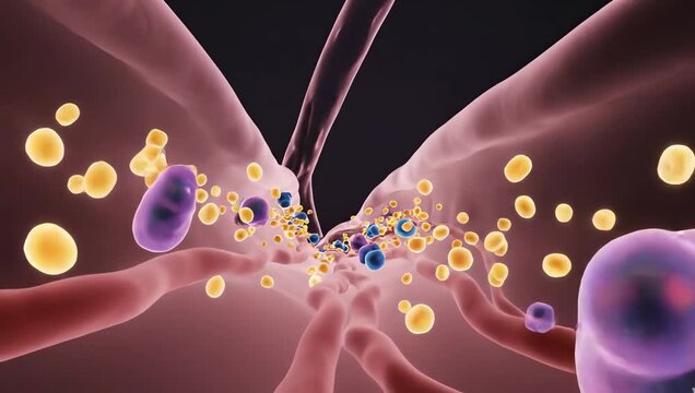Bloodstream carrying glowing glucose particles and hormone molecules through translucent arteries