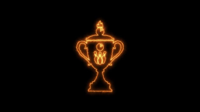 Glowing Orange Neon Line Animation Of A Winner Trophy Cup With Bowling Pins Inside On Black Background For Sports Awards And Championship Marketing Concepts