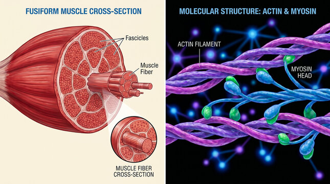 Muscle structure diagrams fusiform muscle cross section and molecular structure