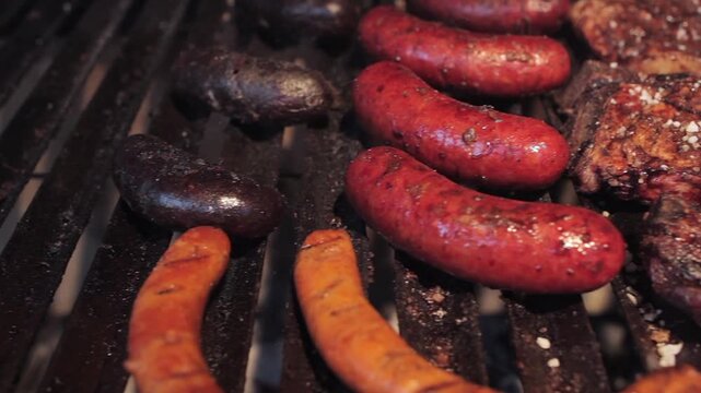 Tracking shot of a grill revealing blood sausages, chorizos, and cooked pork chops being seasoned with coarse salt. The grill is lit, and the color is golden, giving a feeling of warmth.