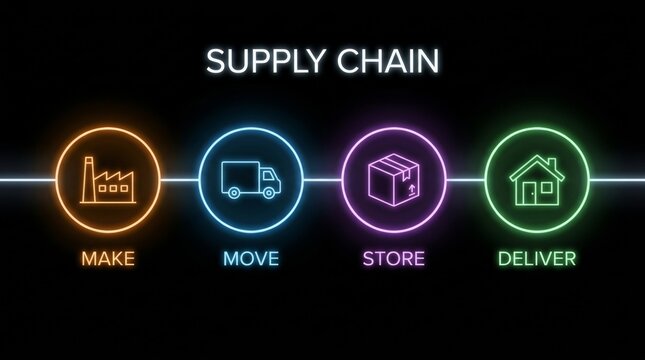 Neon infographic illustrating a four stage supply chain process with glowing icons representing manufacturing transportation warehousing and final delivery steps