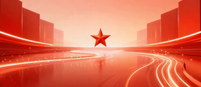 Abstract red star at the core of a futuristic digital cityscape, with dynamic glowing light trails symbolizing progress, innovation, and forward-thinking vision