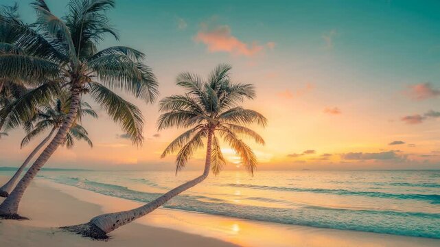 Tranquil beach scene at sunset with gently swaying palm trees and soft ocean waves