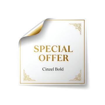 Special offer square sticker label with a curled corner and elegant typography design element