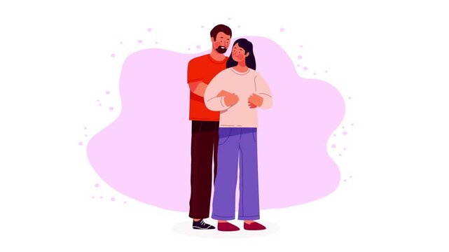 Happy young couple hugging tightly and standing together with affection on a soft purple background.