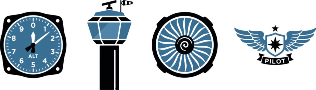 Aviation set with altimeter control tower turbine and pilot wing emblem vector icons for airline flight industry design.