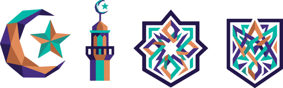 Geometric islamic icons set including crescent moon with star and mosque minaret with abstract arabesque pattern shapes.