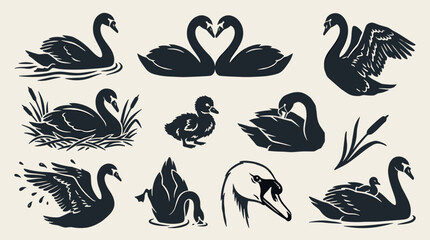 Fototapeta premium Linocut swan illustration set with heart silhouette and cygnet, bird profile isolated on cream background