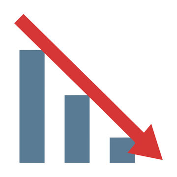 Isolated simplified bar chart with three blue bars and a red arrow indicating decrease, financial decline concept
